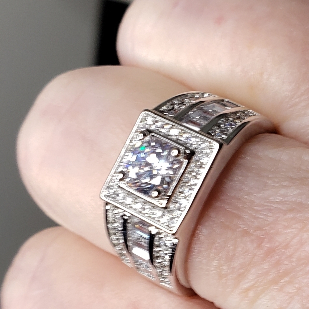 14K White Gold Sterling Silver Wedding Thick Heavy Masculine Ring Luxury - Picture 12 of 13